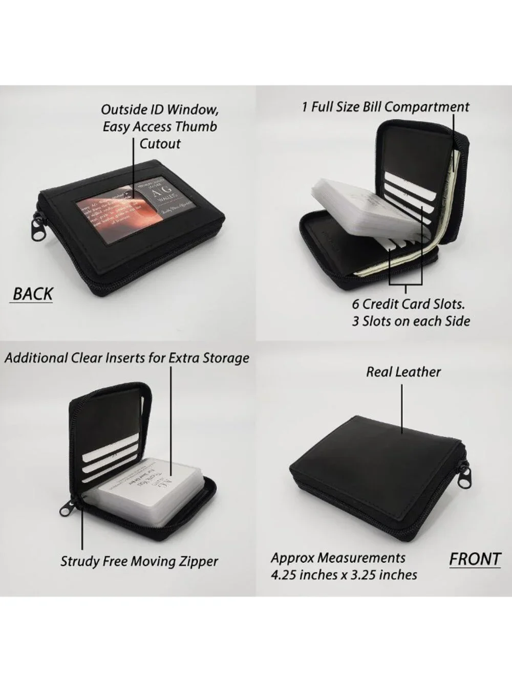 Stylish Men's Zip Around Leather Wallet with Card Inserts - Black, Durable